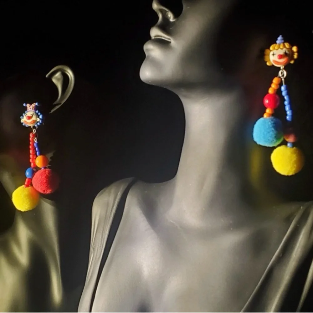 Colorful Pom Pom Clown Earrings - Picture 2 of 5